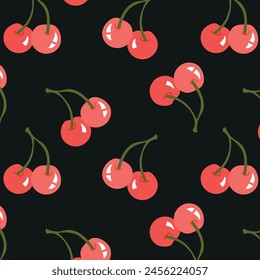 Black summer pattern with cherry. Red cherries vector seamless pattern n a black background.