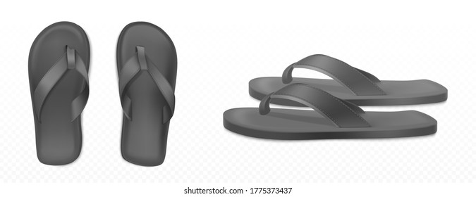 Las zapatillas de verano negras permiten disfrutar de las vistas a la playa o a la piscina, aisladas de fondo transparente. Vector realista flip flops en blanco mockup, sandalias de plástico con tanga, zapatos de goma para vacaciones en casa o en el mar