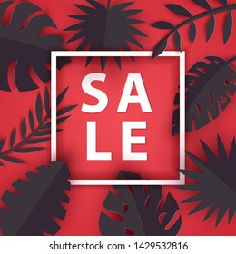Black summer tropical leaves in paper cut style. Craft jungle plants collection on red background with white square frame. Vector card illustration black friday promotion design