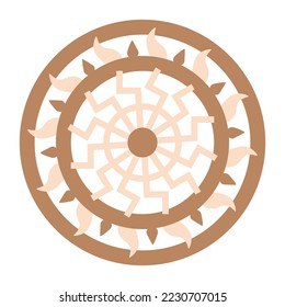 Black sun, ancient Slavic symbol, decorated with Scandinavian patterns. Beige fashion design.