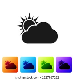 Black Sun and cloud weather icon isolated on white background. Set icon in color square buttons. Vector Illustration