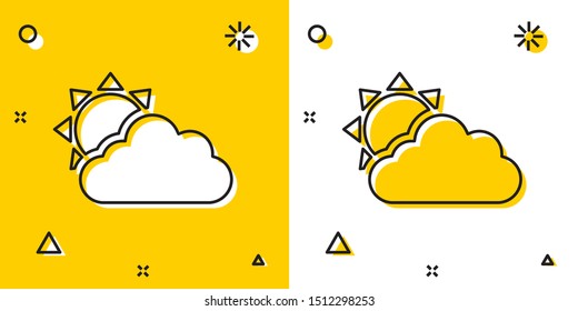 Black Sun and cloud weather icon isolated on yellow and white background. Random dynamic shapes. Vector Illustration