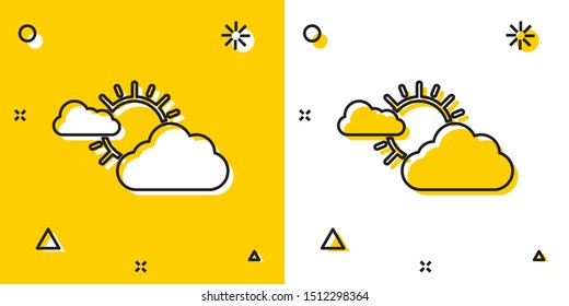 Black Sun and cloud weather icon isolated on yellow and white background. Random dynamic shapes. Vector Illustration