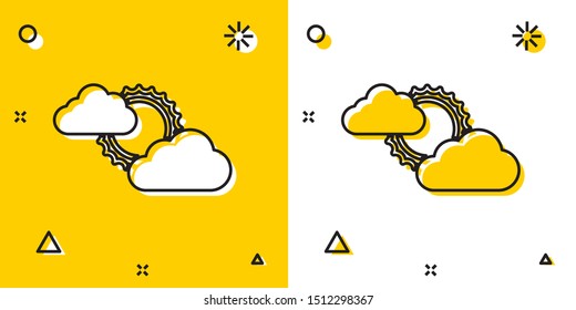 Black Sun and cloud weather icon isolated on yellow and white background. Random dynamic shapes. Vector Illustration