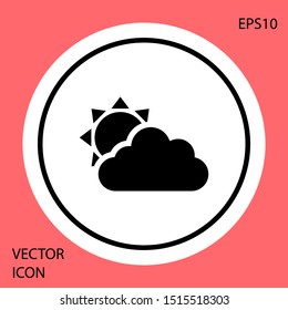 Black Sun and cloud weather icon isolated on red background. White circle button. Vector Illustration
