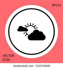 Black Sun and cloud weather icon isolated on red background. White circle button. Vector Illustration