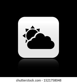 Black Sun and cloud weather icon isolated on black background. Silver square button. Vector Illustration