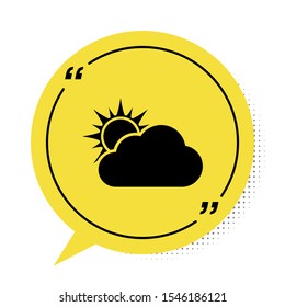 Black Sun and cloud weather icon isolated on white background. Yellow speech bubble symbol. Vector Illustration