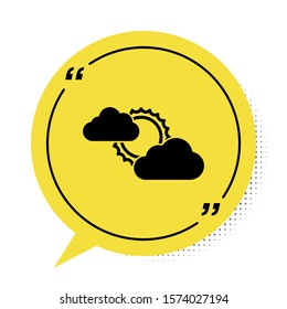 Black Sun and cloud weather icon isolated on white background. Yellow speech bubble symbol. Vector Illustration