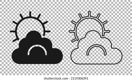 Schwarze Sonne und Wolken-Wettersymbol einzeln auf transparentem Hintergrund.  Vektorgrafik