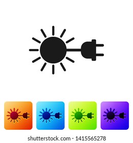Black Sun with electric plug icon isolated on white background. Energy saving concept. Set icon in color square buttons. Vector Illustration