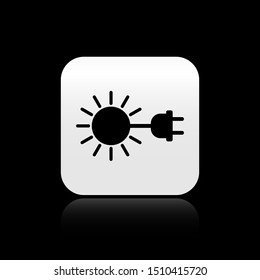 Black Sun with electric plug icon isolated on black background. Energy saving concept. Silver square button. Vector Illustration