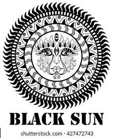 Black sun with face medallion. Boho style.