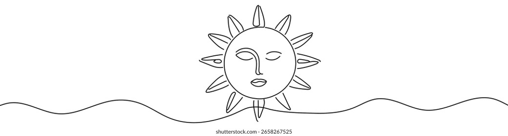 Sol negro con cara en estilo de arte de una sola línea. Dibujo de sol minimalista editable sobre fondo blanco. Ilustración vectorial.