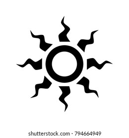 Black sun flat vector illustration. Tribal solar element. Nature and climate icon. Weather forecast logo. Web site or mobile app symbol. Summertime heat and temperature sign. Simple summer design