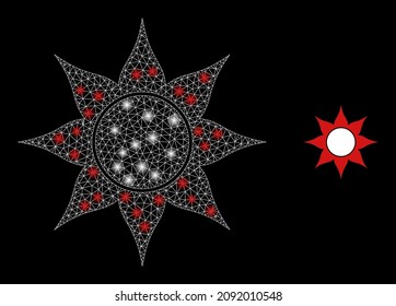 Black sun icon and bright net mesh black sun model with illuminated light spots. Illuminated model generated from black sun vector icon and triangulated mesh. Bright frame black sun,