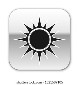 Black Sun icon isolated on white background. Silver square button. Vector Illustration