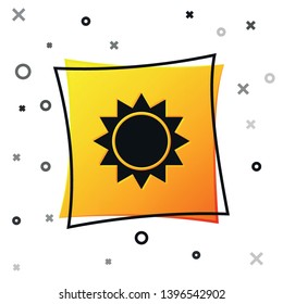 Black Sun icon isolated on white background. Yellow square button. Vector Illustration