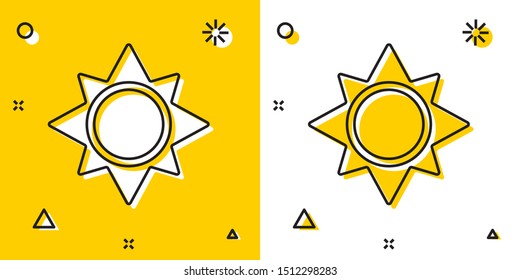 Black Sun icon isolated on yellow and white background. Random dynamic shapes. Vector Illustration