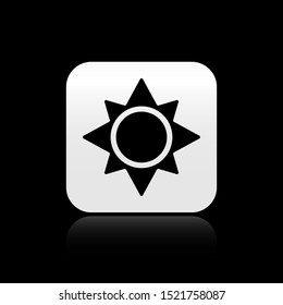 Black Sun icon isolated on black background. Silver square button. Vector Illustration