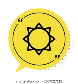 Black Sun icon isolated on white background. Yellow speech bubble symbol. Vector Illustration