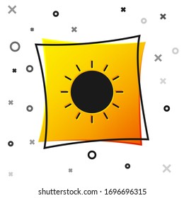 Black Sun icon isolated on white background. Summer symbol. Good sunny day. Yellow square button. Vector Illustration