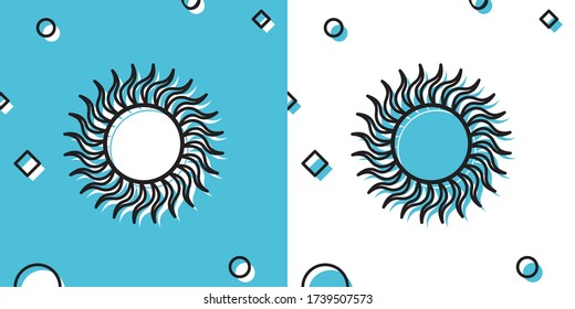 Black Sun icon isolated on blue and white background. Random dynamic shapes. Vector Illustration