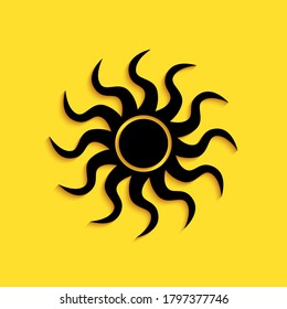 Black Sun icon isolated on yellow background. Long shadow style. Vector.