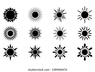 Black sun icon set, different icons for summer logo. Summer symbols for graphic and web design. Vector illustration.