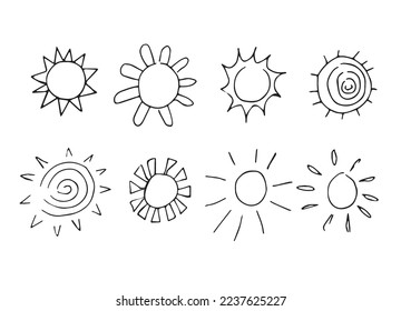 black Sun icon set doodle. Vector flat design. Collection of sun stars for use in as logo or weather icon.