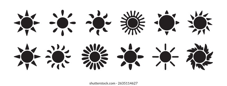 Black Sun Icon Set – Minimal Sun Symbols for Weather, Energy, and Graphic Design. vector eps 10