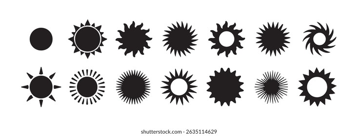 Black Sun Icon Set – Minimal Sun Symbols for Weather, Energy, and Graphic Design. vector eps 10