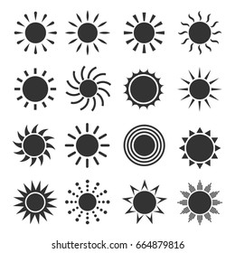 Black sun icon set. Object in solar system, astrology and astronomy emblem, cosmology web image. Vector flat style illustration isolated on white background