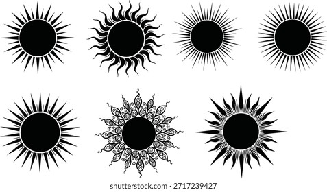 Black sun icon set, stylized solar symbols
