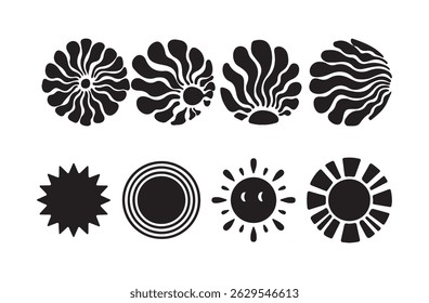 Black sun icon set, sunshine and solar glow, sunrise or sunset.Hot solar energy for tan. Vector illustration eps 10