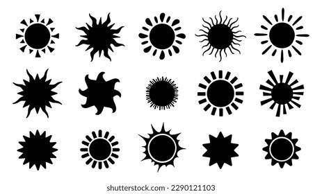 Black sun icons. Isolated summer signs, flat symbols hot weather. Abstract different suns, mascots with rays vector collection