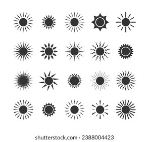 Black sun icons. Sunlight burst shapes like weather or summer symbol. Cute sunshine icon. vector isolated.