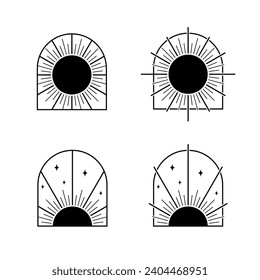 Black sun light rays in frame minimal boho tattoo icon vector design