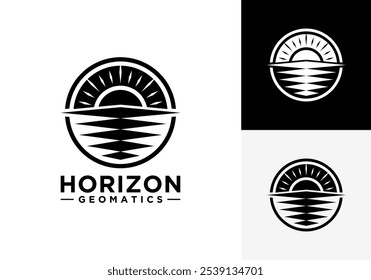 Black sun logo illustration on white background. Sun reflection in water or waves. Glitch. Sunset and sunrise.