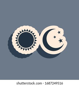 Black Sun and moon icon isolated on grey background. Weather daytime and night. Long shadow style. Vector Illustration