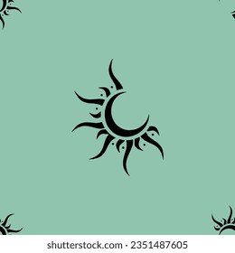 black sun and moon on pale light green background for any print fabric