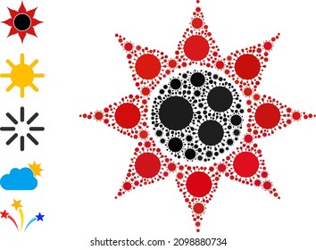Black sun mosaic icon. Vector mosaic done of random Covid-2019 elements. Covid mosaic black sun icon, and additional icons. Black sun mosaic for medical images.