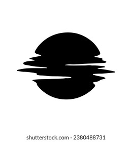 A black sun on a white background. Reflection of the sun in the water or wave. Glitch. Sunset and dawn. Vector illustration