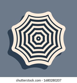 Black Sun protective umbrella fo beach icon isolated on grey background. Large parasol for outdoor space. Beach umbrella. Summer vacation or picnic accessory. Long shadow style. Vector Illustration