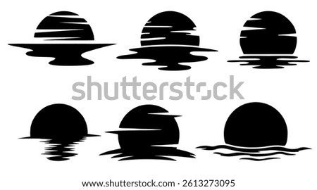 Black sun set on white background. Sun reflection in water or waves. Glitch. Sunset and sunrise.