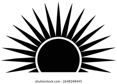 Black sun silhouette vector graphic featuring sharp rays against a white background. Simple minimalist style.