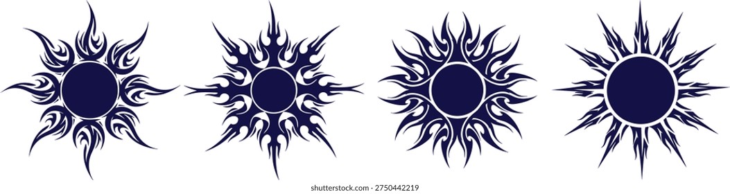 Black sun silhouettes designs collection, various styles, sharp and angular with a dynamic, sun shapes, .starburst stickers  on white background.