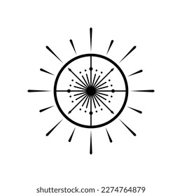 Black sun with sunshine light ray magic drawing dooddle boho tattoo outline icon flat vector design	
