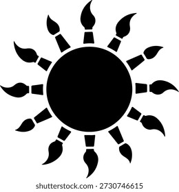 Um símbolo de sol preto composto de vários pincéis em um fundo branco puro, representando criatividade e arte