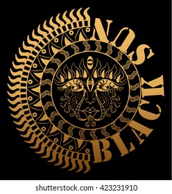 Black sun symbol gold. Boho style.